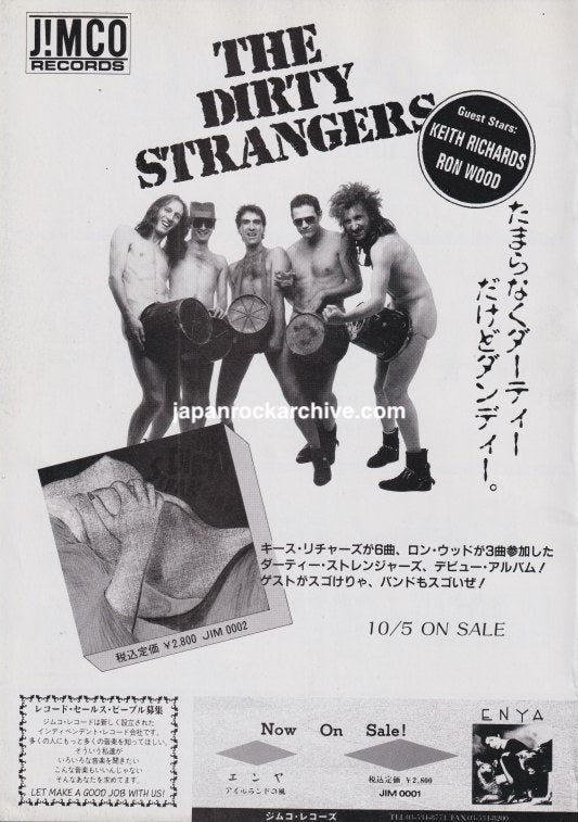 The Dirty Strangers November 1989 Japanese black and white Jimco Records album promo ad mentioning Keith Richards and Ron Wood, with an Enya ad below