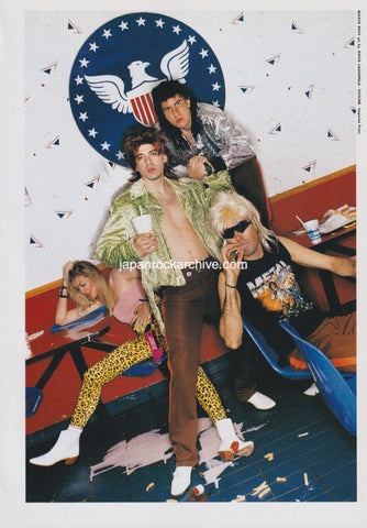 beastie boys members wearing glam rock clothes in a vintage setting with an American flag emblem.