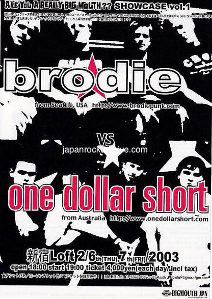 Brodie / One Dollar Short 2003 Japan tour concert gig flyer handbill