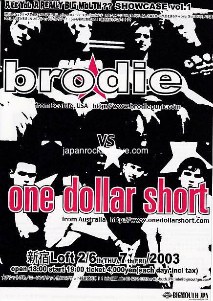 Brodie / One Dollar Short 2003 Japan tour concert gig flyer handbill